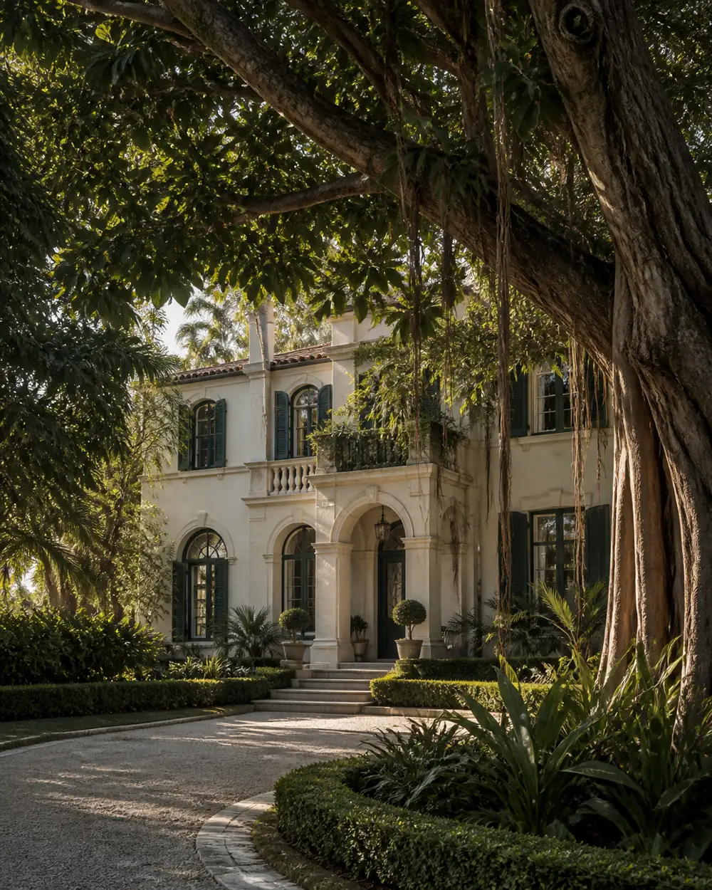 Pale stucco residence with arched windows and dark green shutters beneath a mature banyan canopy.