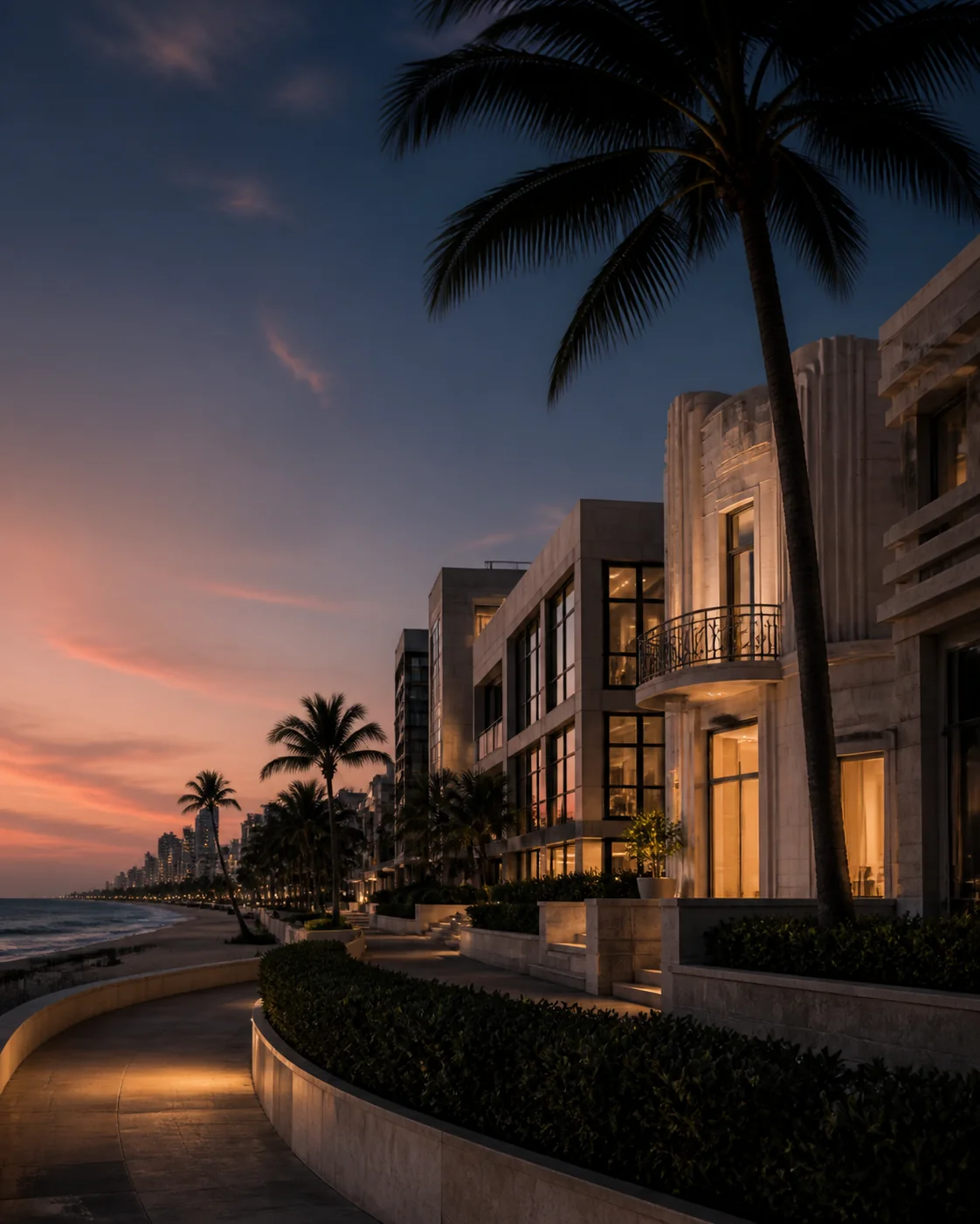 Oceanfront Miami Beach buildings and palms along a curved promenade beneath a coral and navy dusk sky.