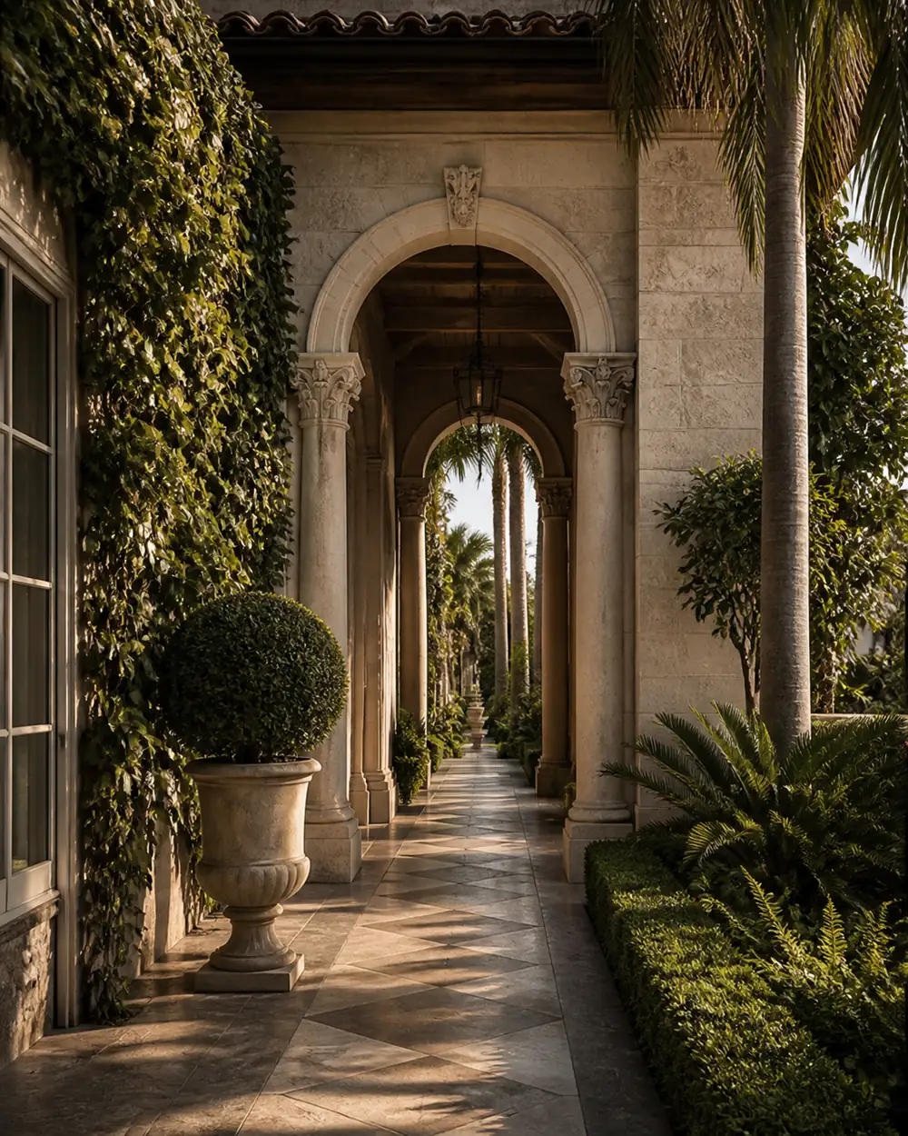 Sunlit stone arcade with arched openings, clipped topiary, palms, and a patterned courtyard walk.