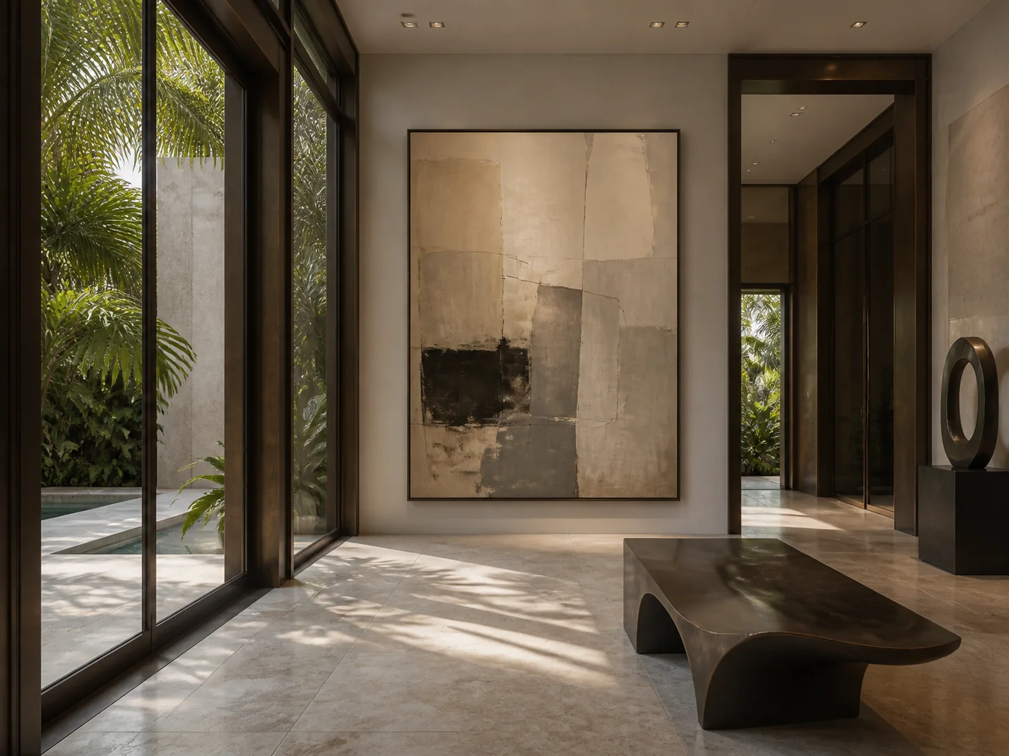 Quiet gallery interior with an abstract neutral-toned artwork, bronze-framed glass, and a sculptural bench.