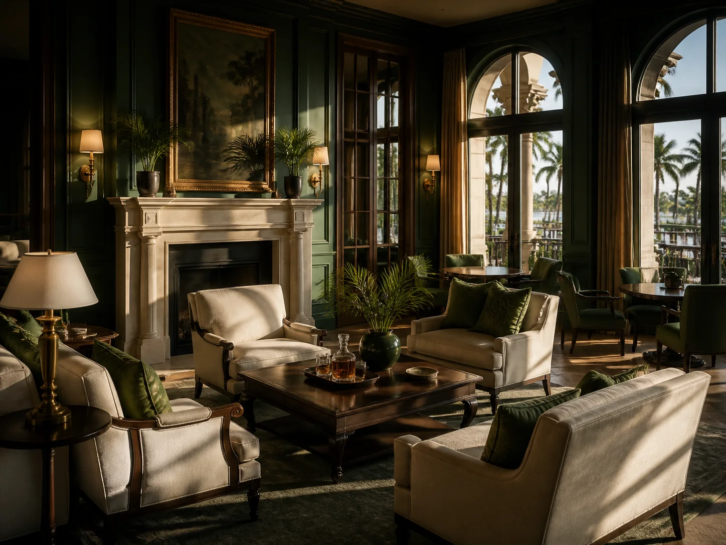 Empty club salon with cypress-green walls, a limestone fireplace, tailored seating, and arched windows.