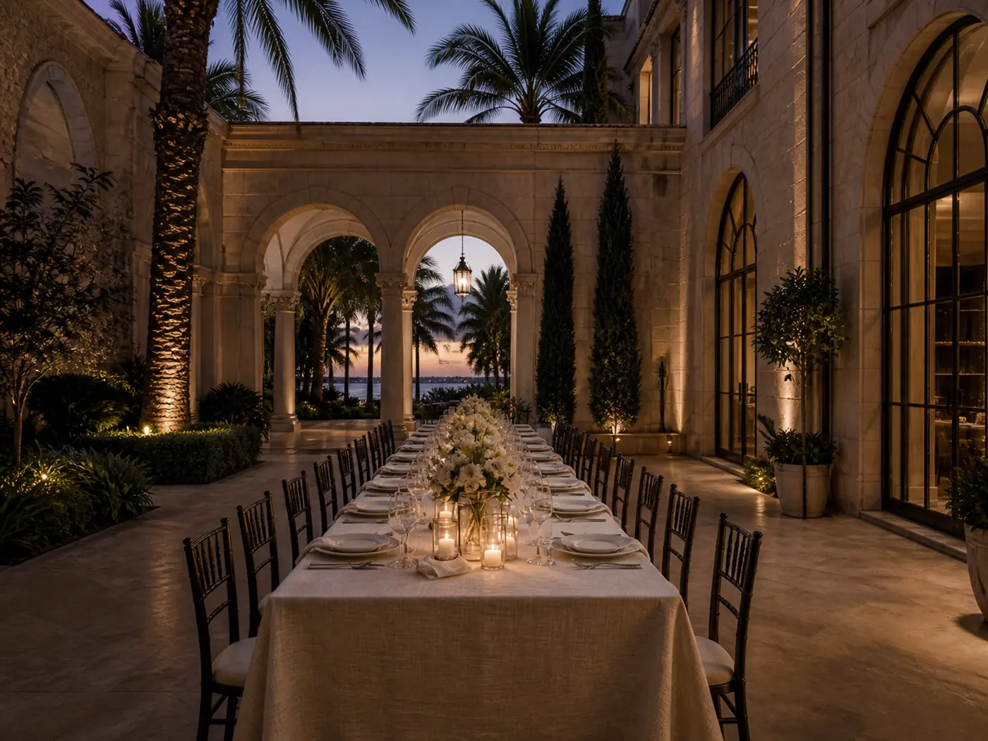 Long linen-covered dinner table set with white flowers and candles in a palm-lined stone courtyard at twilight.
