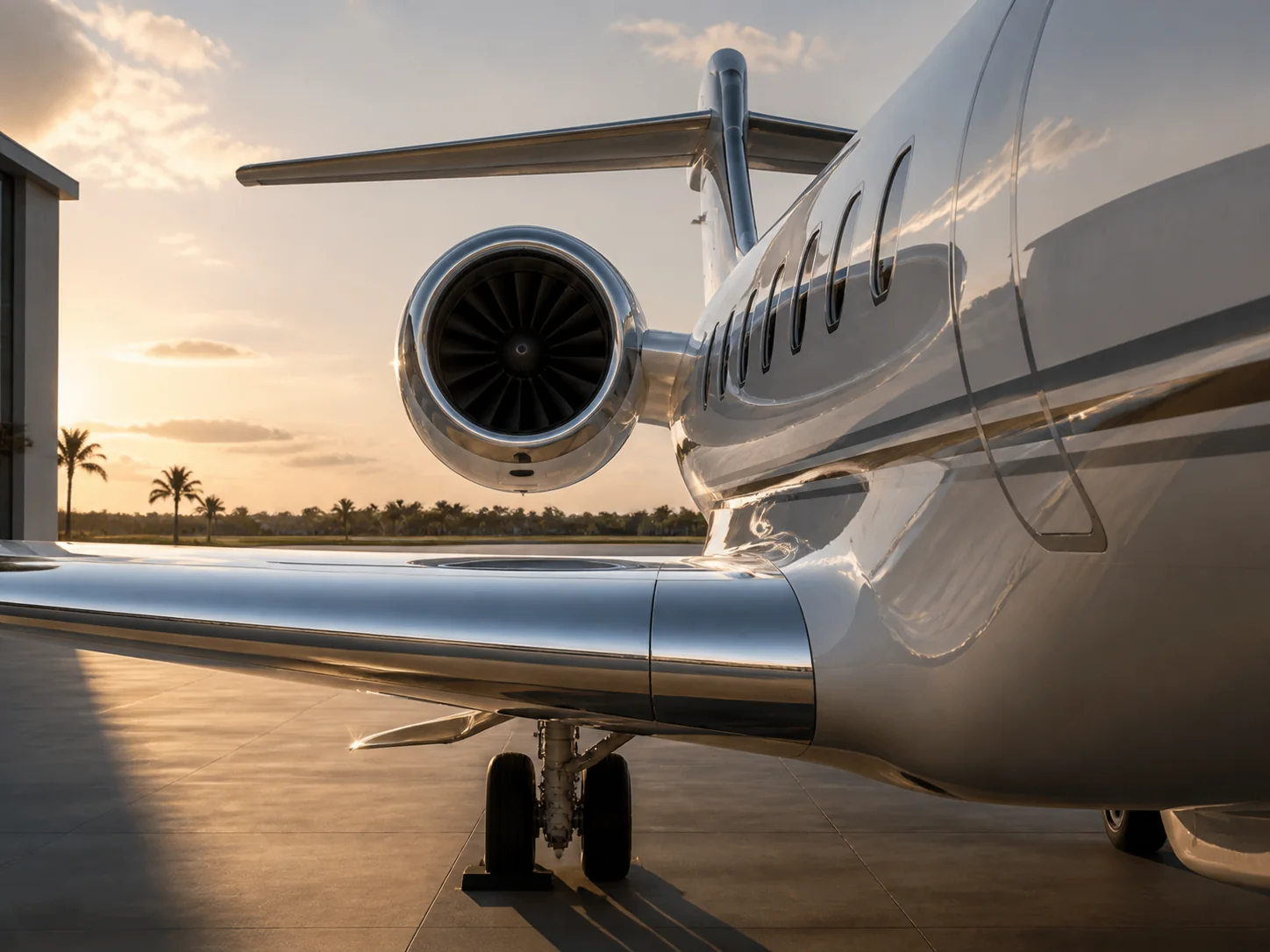 Unbranded private jet fuselage, wing, and polished engine on a quiet ramp in warm morning light.