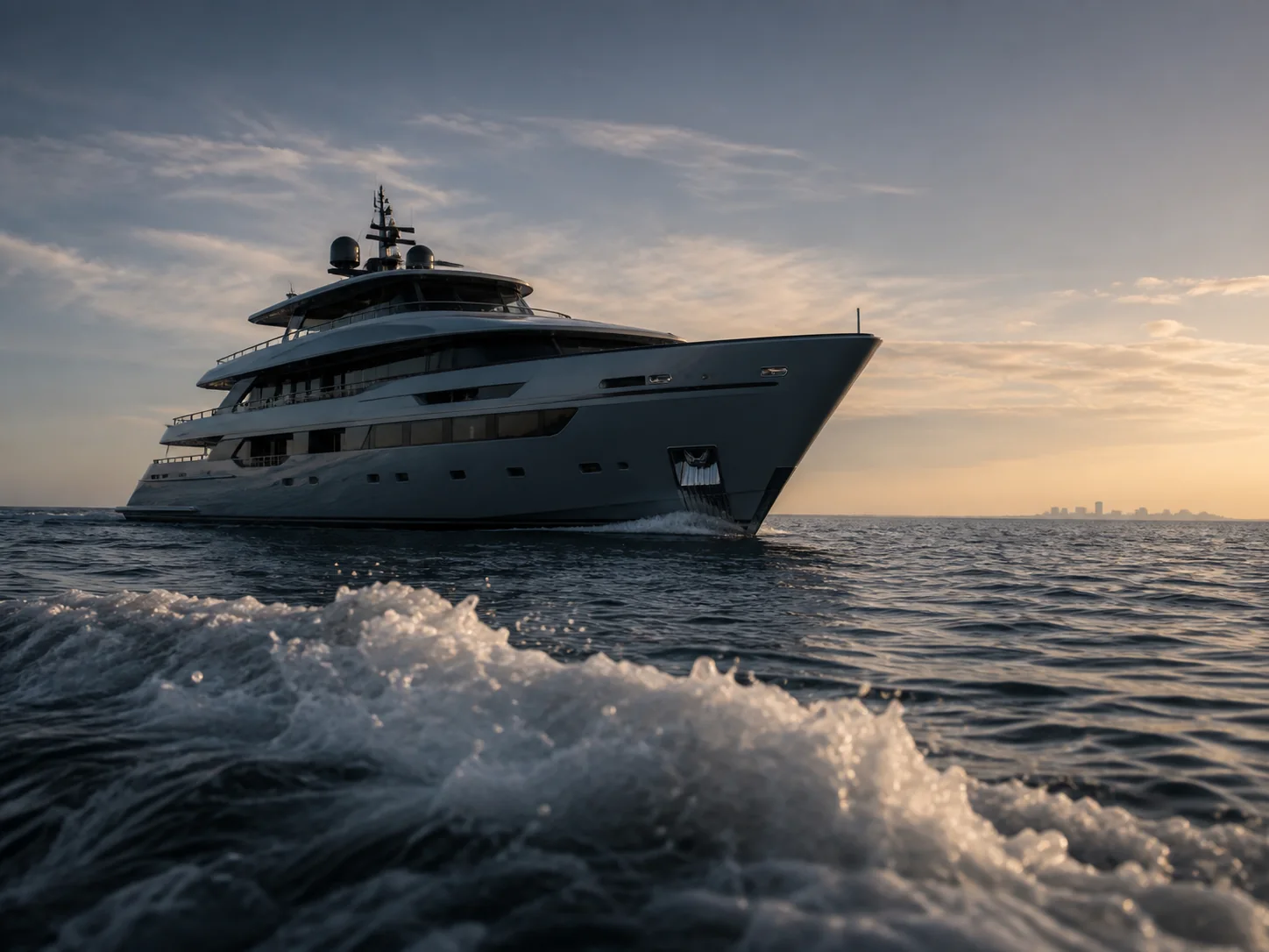 Large unbranded motor yacht underway across dark blue water with a low wake and warm horizon.